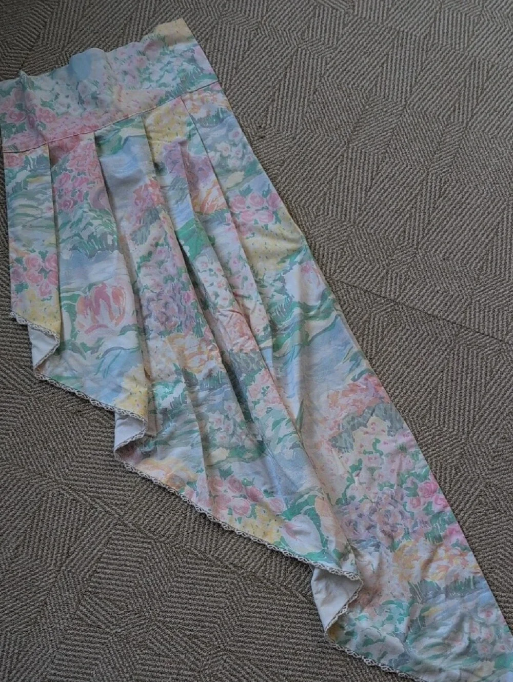 Vintage 80s Cotton Pastel Monet Floral Watercolor Curtains Panels & Valance Set